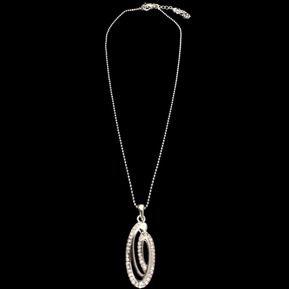 Silver Tone Pave Crystal Double Oval Pendant Necklace Ball Chain Adjustable